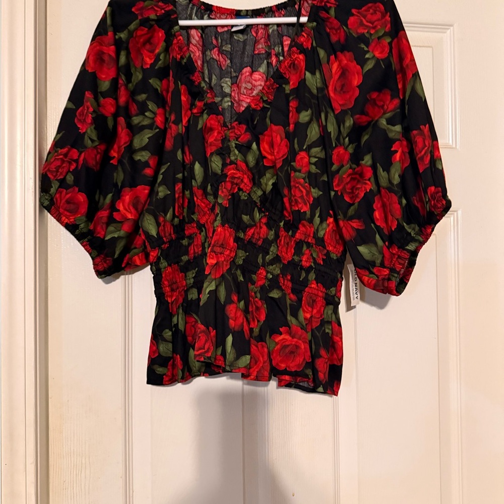 Old Navy Black Blouse with Red Floral Design